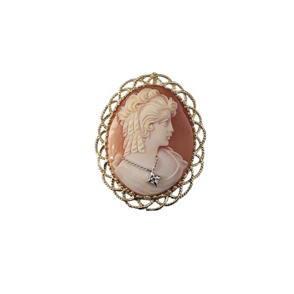 14 Karat Yellow Gold and Diamond Cameo Brooch Pendant-